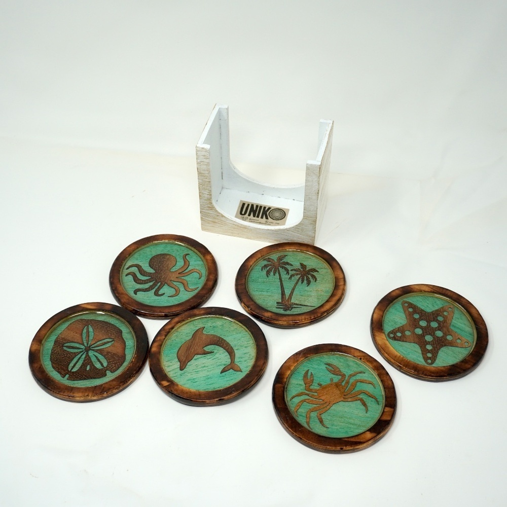 Handmade in Guatemala by UNIKO Wood Carved and Epoxy Round Sealife Coasters